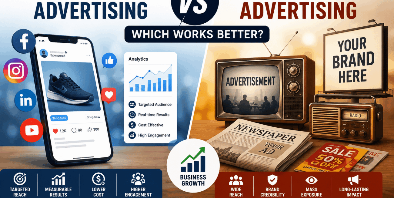 Comparison of social media advertising and traditional advertising with digital devices, newspapers, television, and business growth icons.