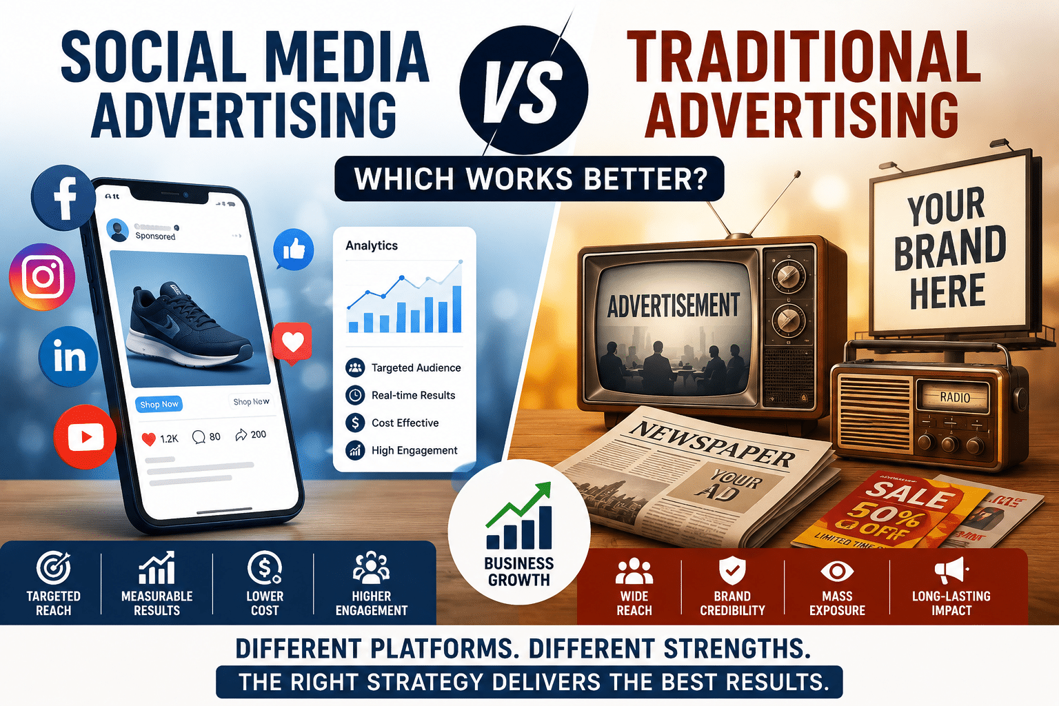 Comparison of social media advertising and traditional advertising with digital devices, newspapers, television, and business growth icons.
