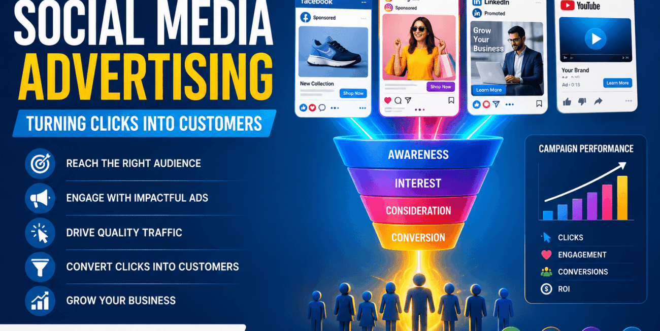 A digital marketing illustration showing social media advertising campaigns converting clicks into customers through Facebook, Instagram, LinkedIn, and analytics.