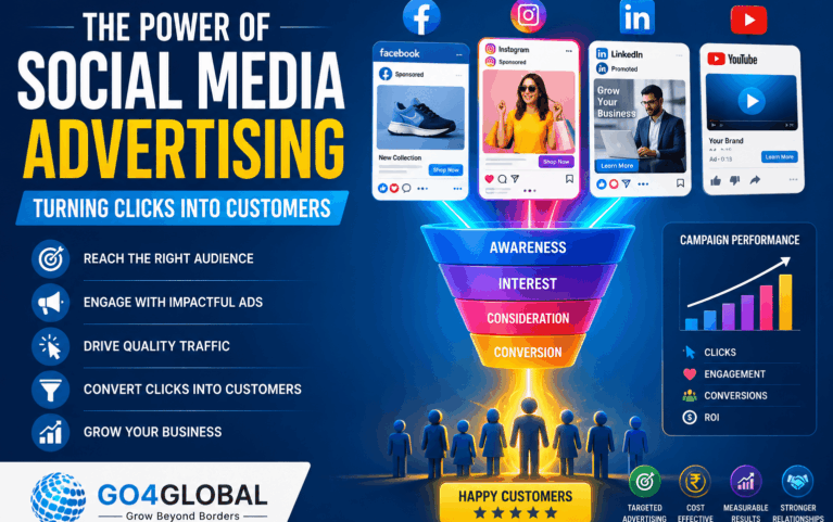 A digital marketing illustration showing social media advertising campaigns converting clicks into customers through Facebook, Instagram, LinkedIn, and analytics.