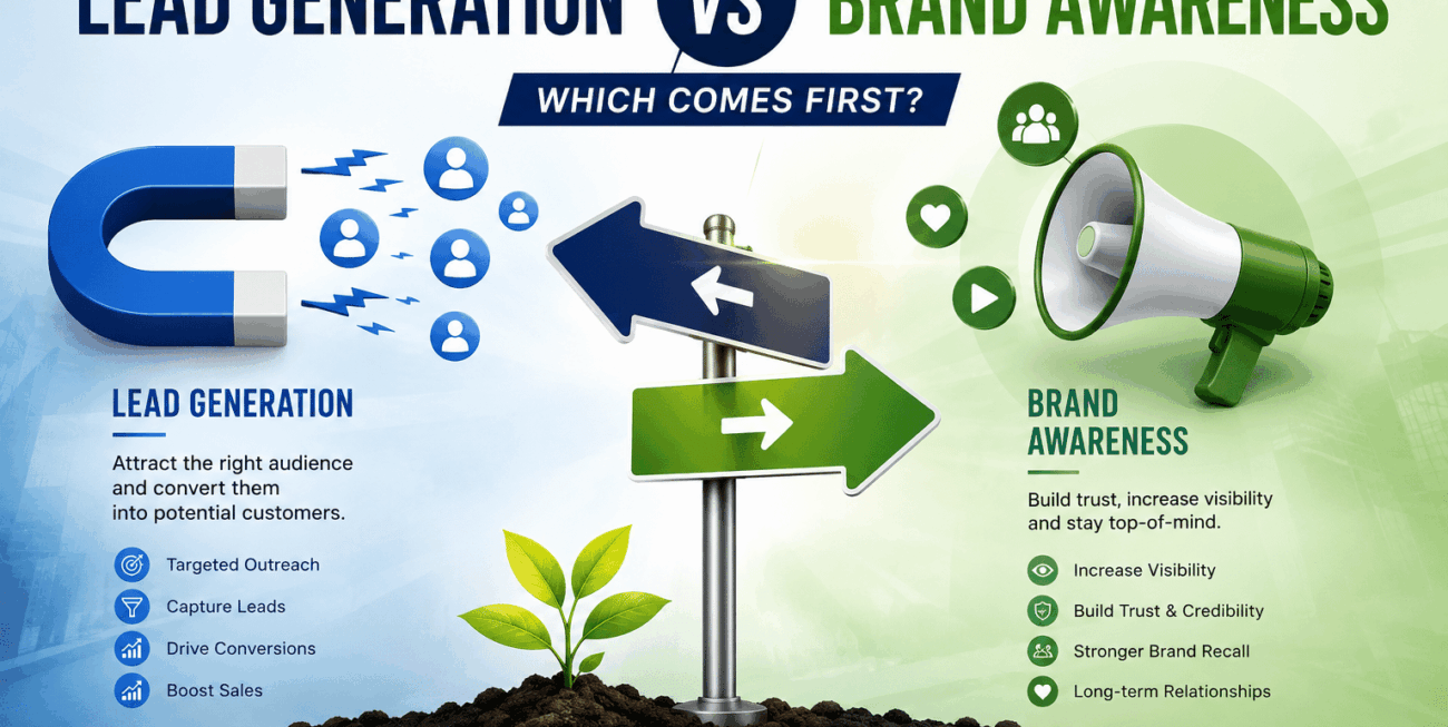 Business growth illustration comparing brand awareness and lead generation strategies.