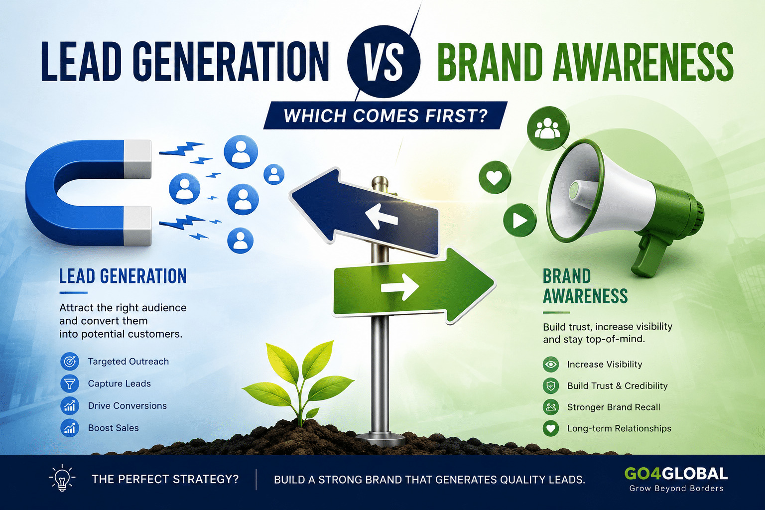 Business growth illustration comparing brand awareness and lead generation strategies.